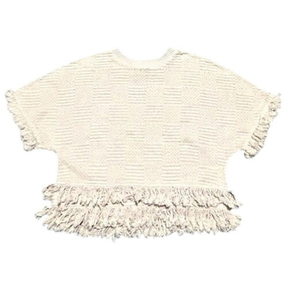 Zara Woman Cream Textured Fringe Knit Cropped Boxy Sweater Short Sleeve Small